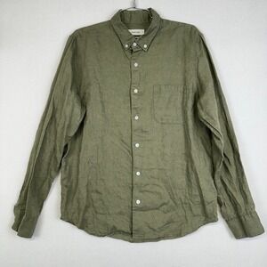 Everlane Linen Button Down Shirt Olive Green Long Sleeve Pocket Men's M